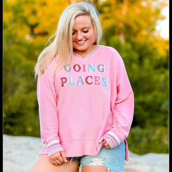 Jadelynn Brooke Going Places Millennial Pink Corded Sweetshirt Embroidered - Picture 1 of 7